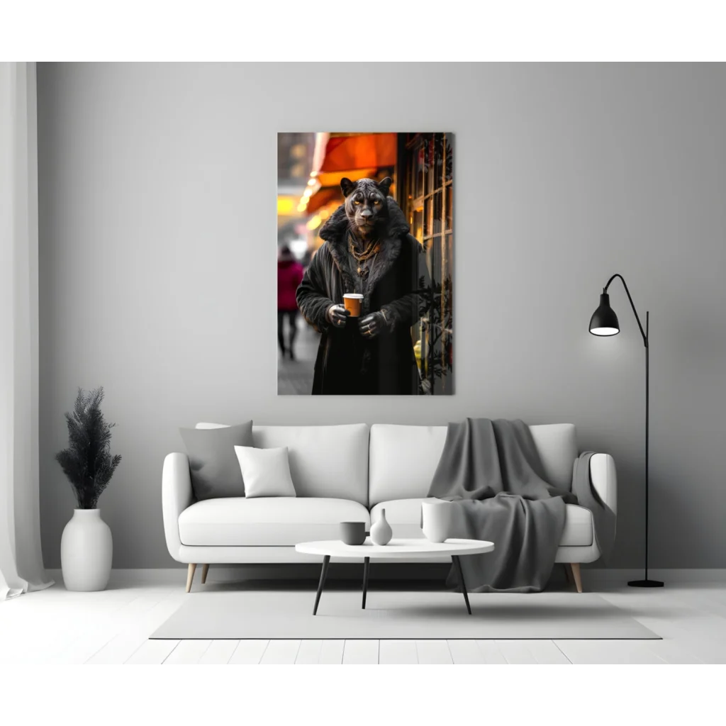 Sleek black panther glass wall art with urban street vibes