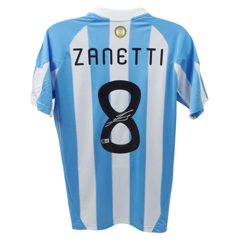 Light blue and white Javier Zanetti signed Argentina soccer jersey with number 8