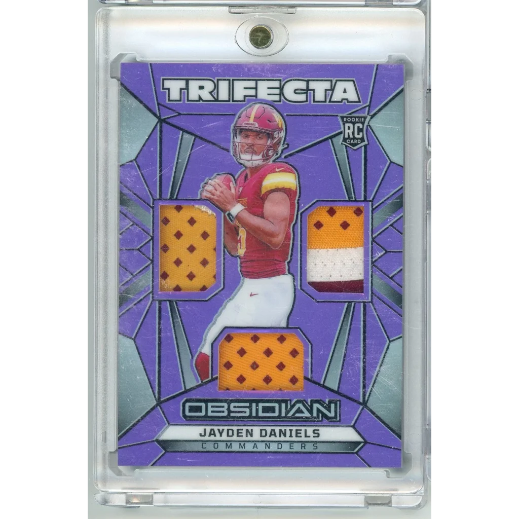 Jayden Daniels Commanders Trifecta Obsidian football card with three swatches 12/49