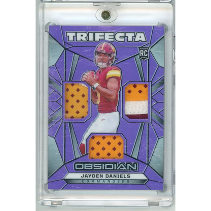 Jayden Daniels Commanders Trifecta Obsidian football card with three swatches 12/49