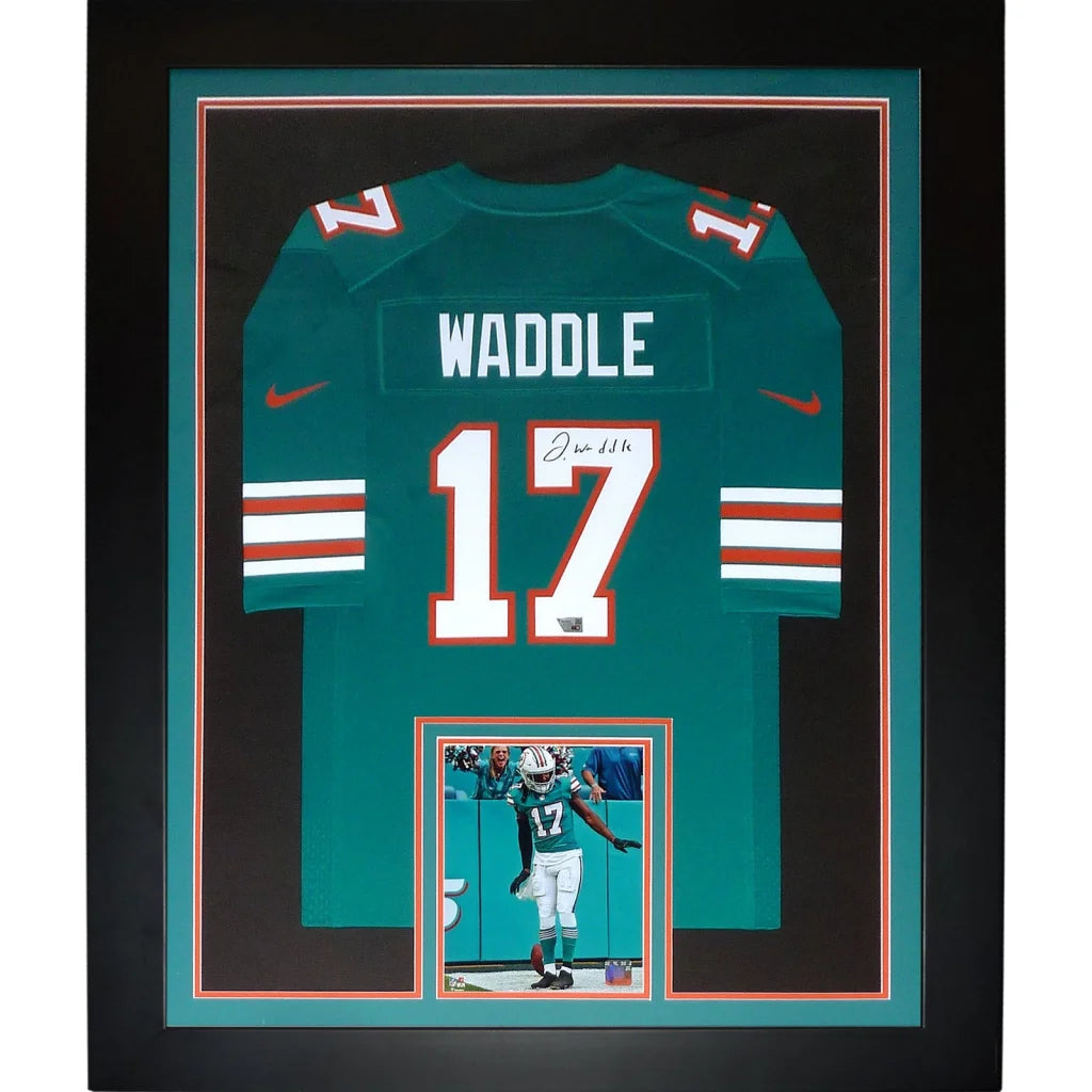 Jaylen Waddle autographed Miami Dolphins framed jersey in teal