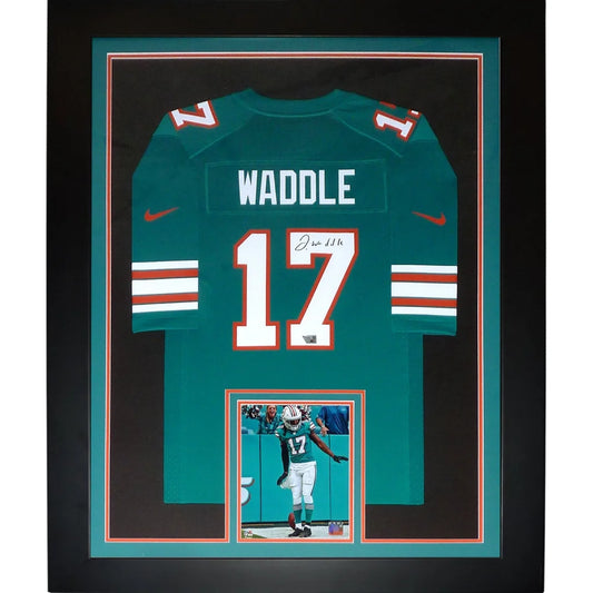 Jaylen Waddle autographed Miami Dolphins framed jersey in teal