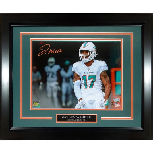 Jaylen Waddle autographed deluxe framed 11x14 photo in Dolphins jersey