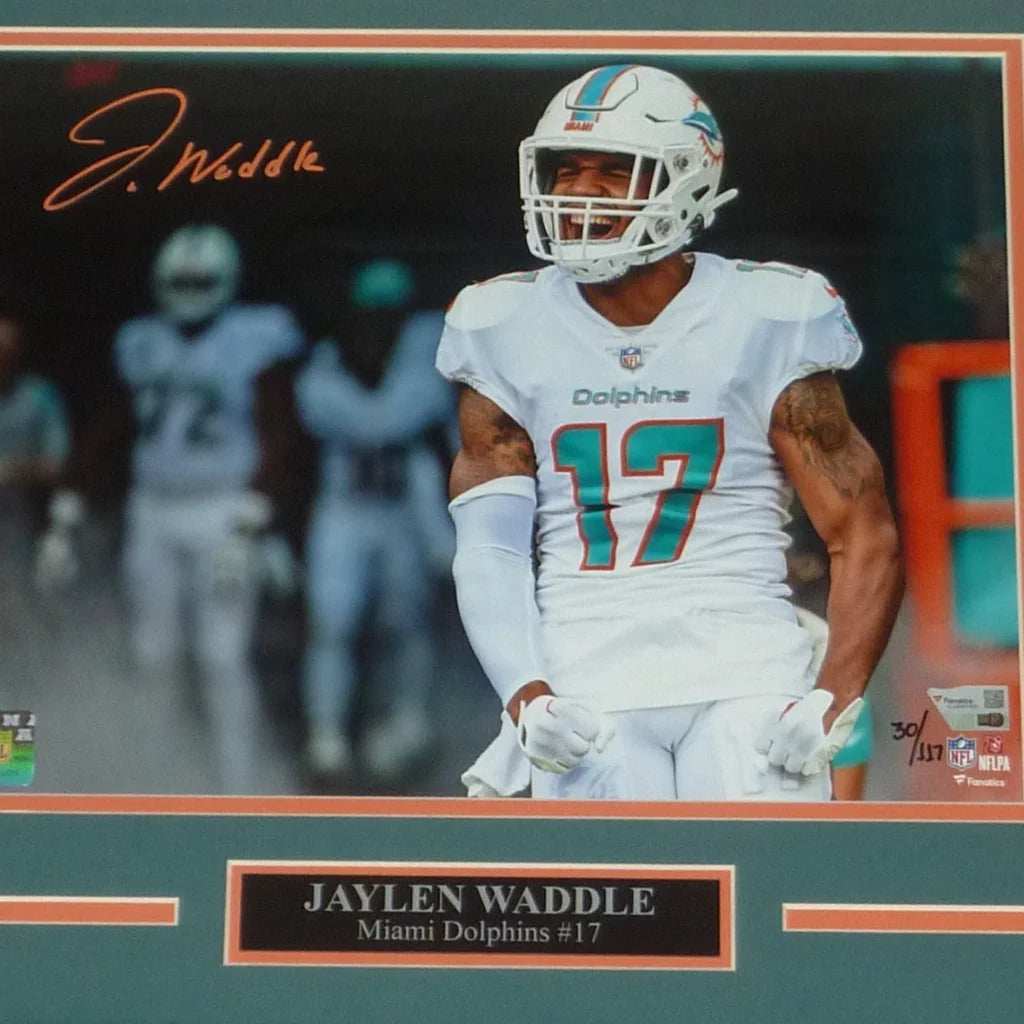 Jaylen Waddle autographed deluxe framed 11x14 photo in white #17 jersey
