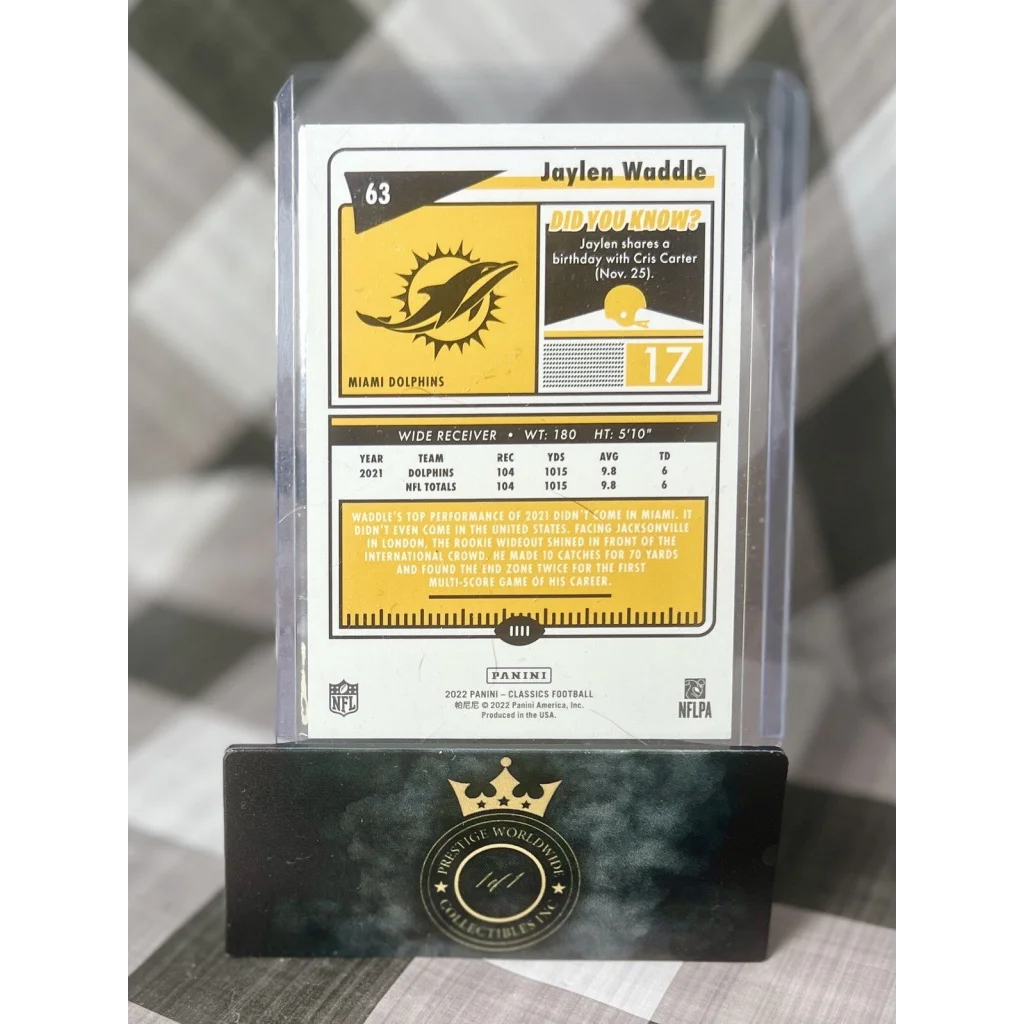 Jaylen Waddle gold timeless tribute card from Prestige Worldwide