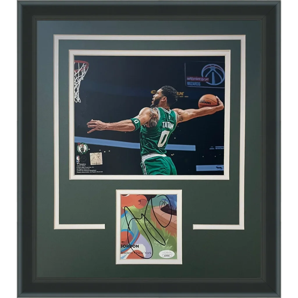Jayson Tatum autographed Boston Celtics action figure in gray frame