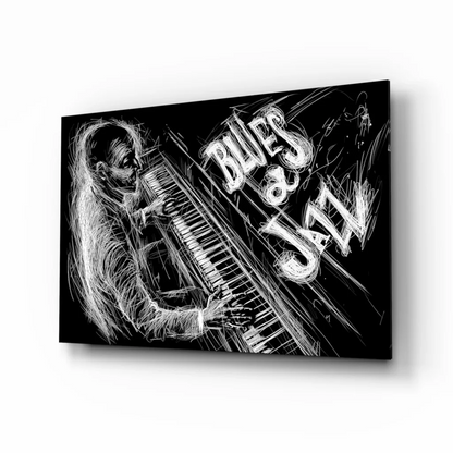 Black and white sketch of pianist with blues and jazz text on glass wall art