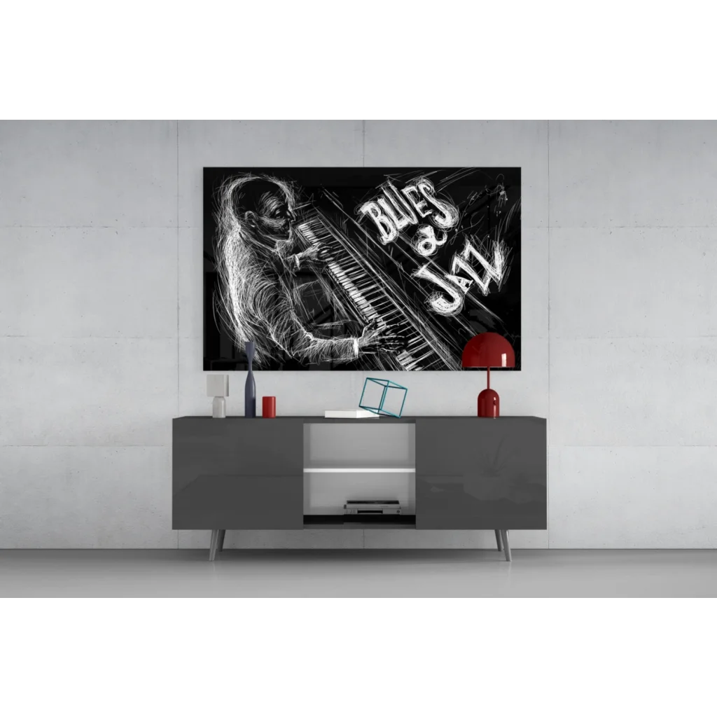 Black and white chalk pianist blues jazz glass wall art print