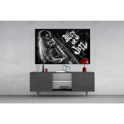 Black and white chalk pianist blues jazz glass wall art print