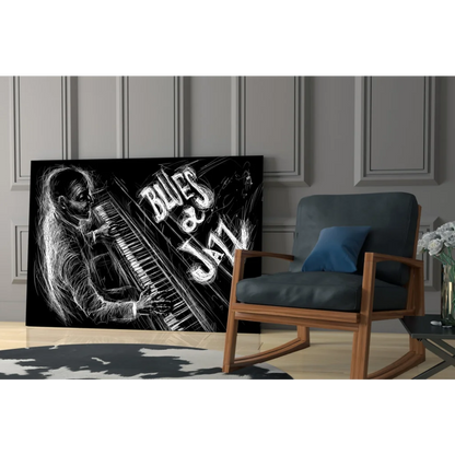 Stylized pianist sketch on black and white glass wall art with blues and jazz lettering