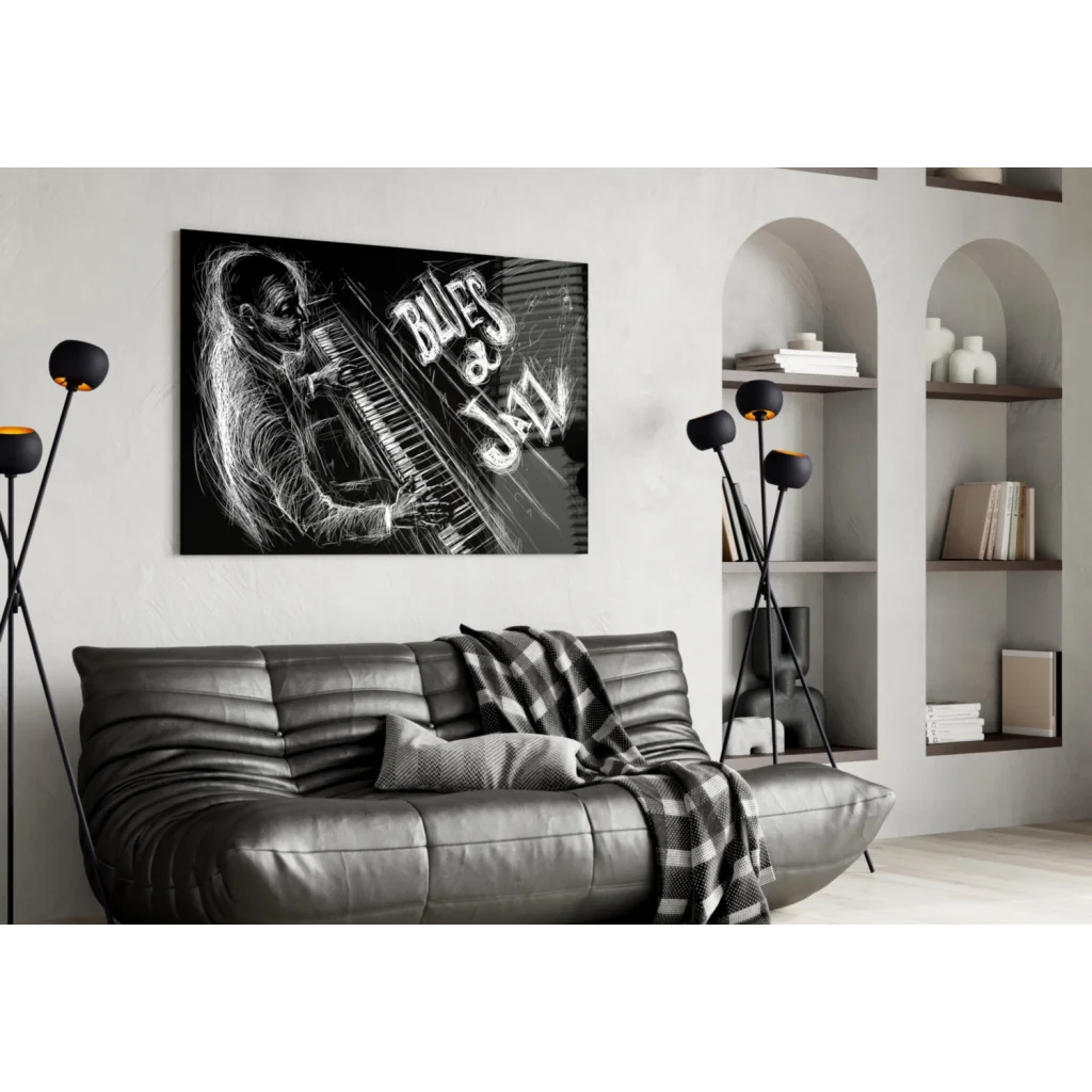 Black and white blues and jazz piano artist glass wall art print