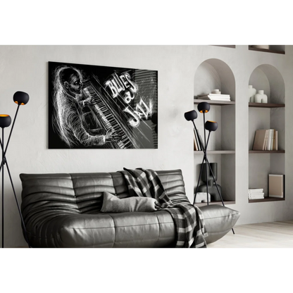Black and white blues and jazz piano artist glass wall art print