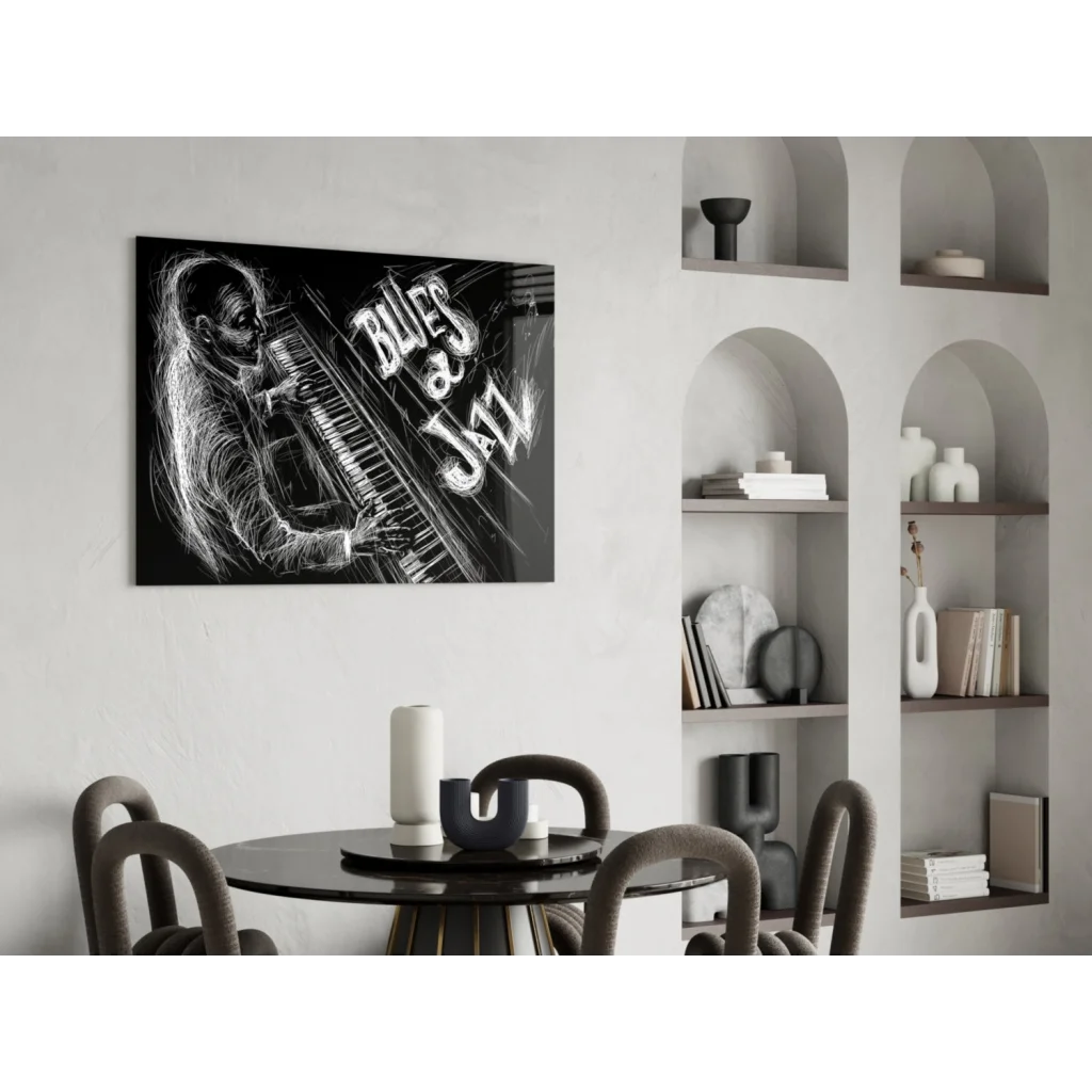 Black and white blues and jazz piano artist glass wall art print