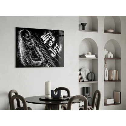 Black and white blues and jazz piano artist glass wall art print