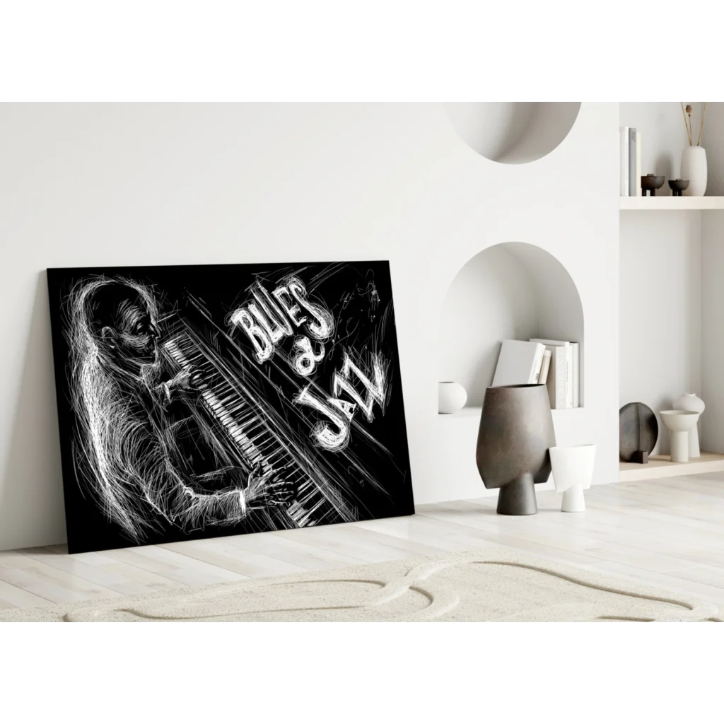 Black line-art pianist glass wall art print with blues & jazz text