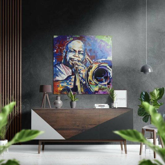 Vibrant abstract jazz trumpet player on brushed aluminium dibond canvas