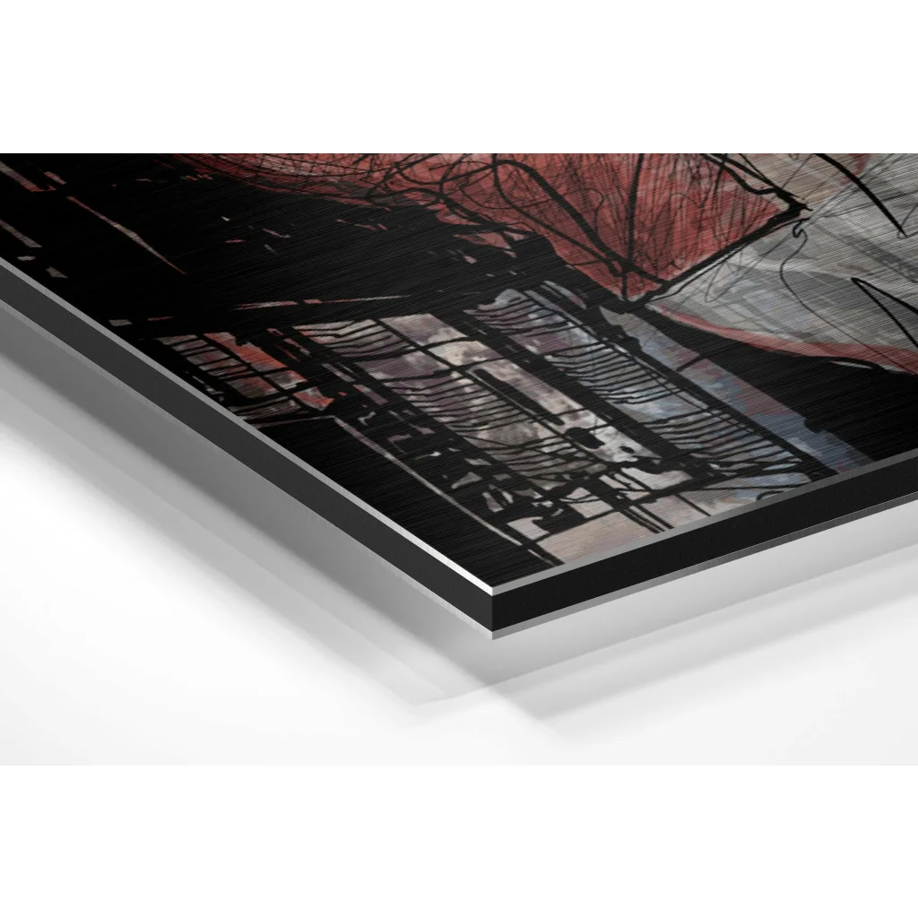 Bold abstract jazz musician art on brushed aluminium dibond with red, gray, white strokes