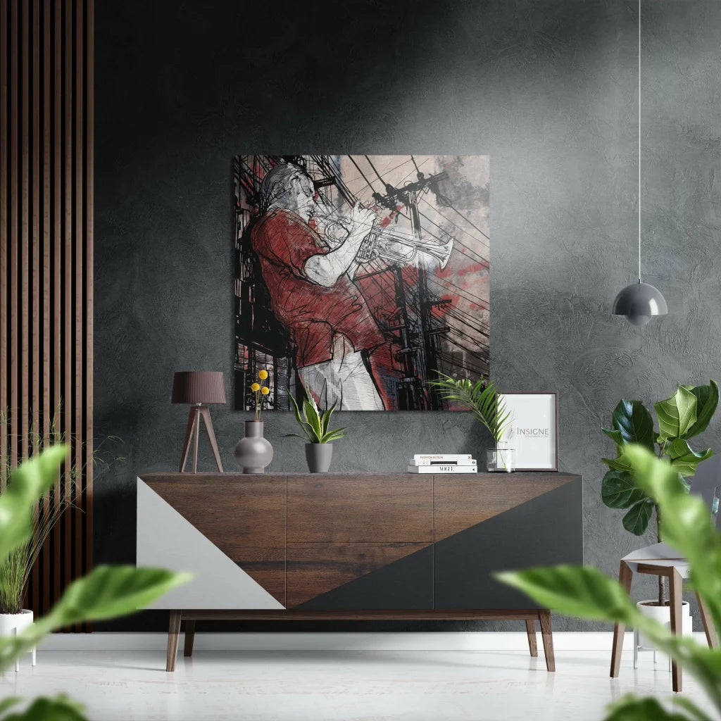 Bold abstract jazz musician on trumpet in red attire, brushed aluminium dibond print