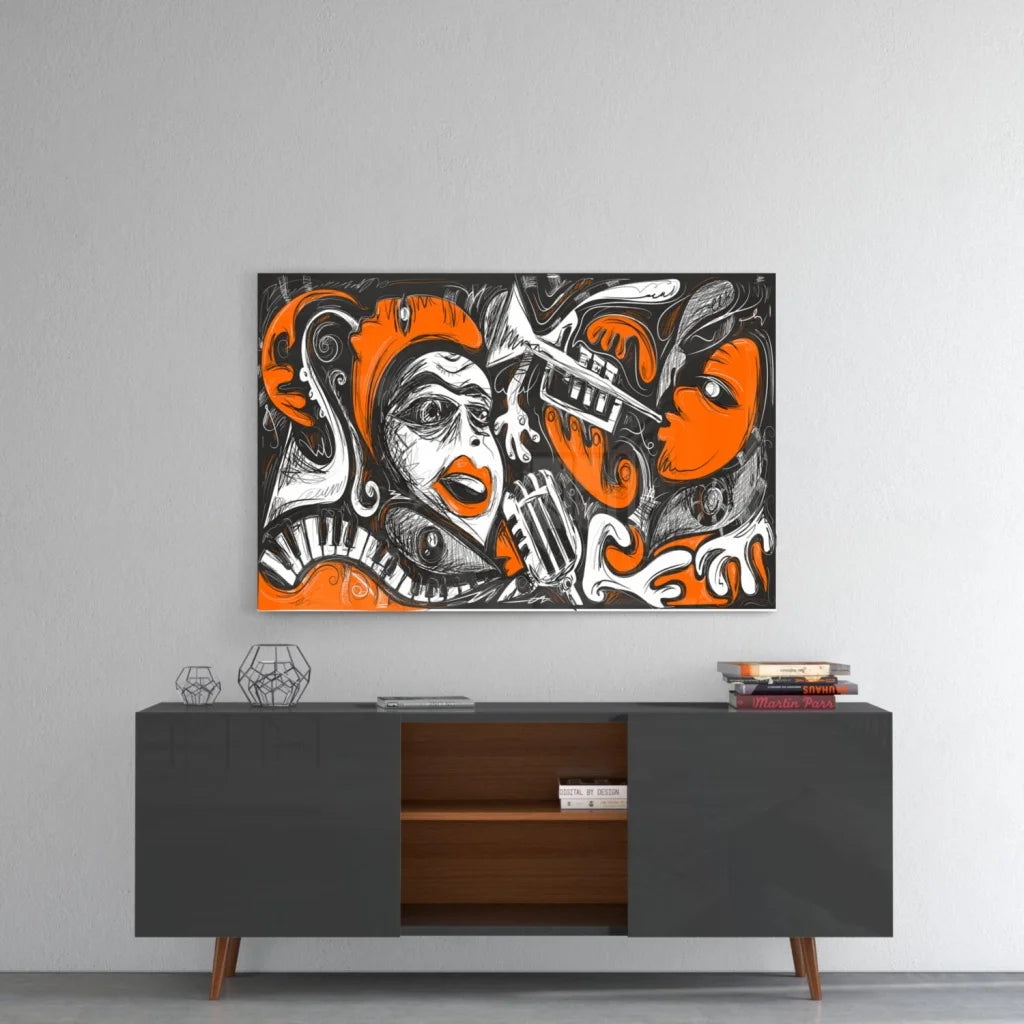 Vibrant orange black glass wall art with stylized musical faces