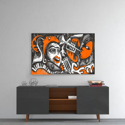 Vibrant orange black glass wall art with stylized musical faces