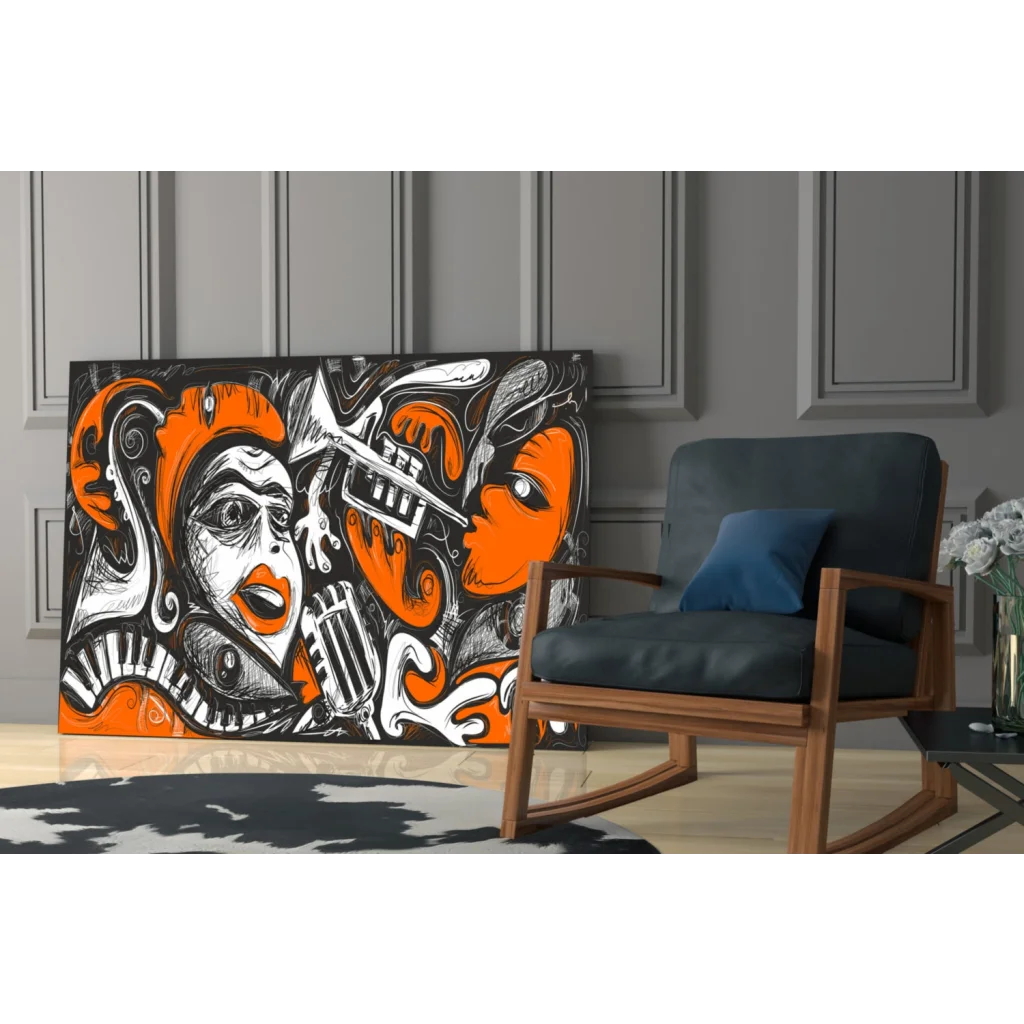 Vibrant jazz fusion glass wall art with orange black musical faces