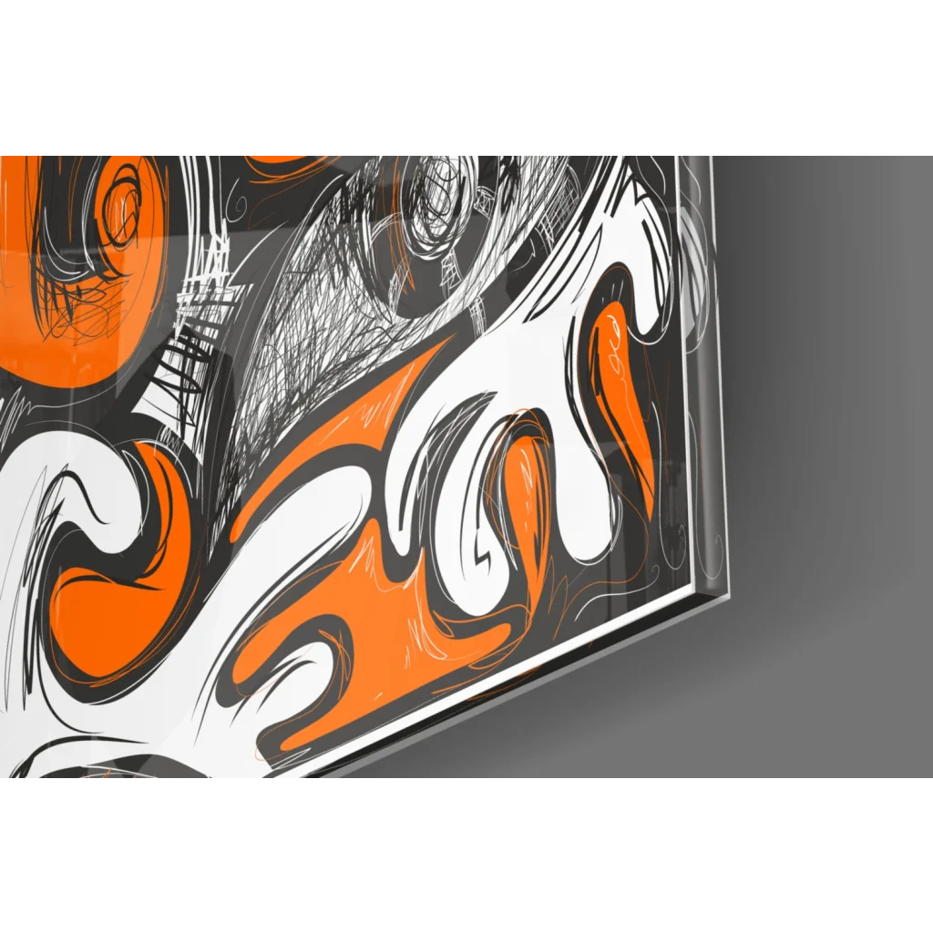 Vibrant orange white black Jazz Fusion glass wall art in sleek frame