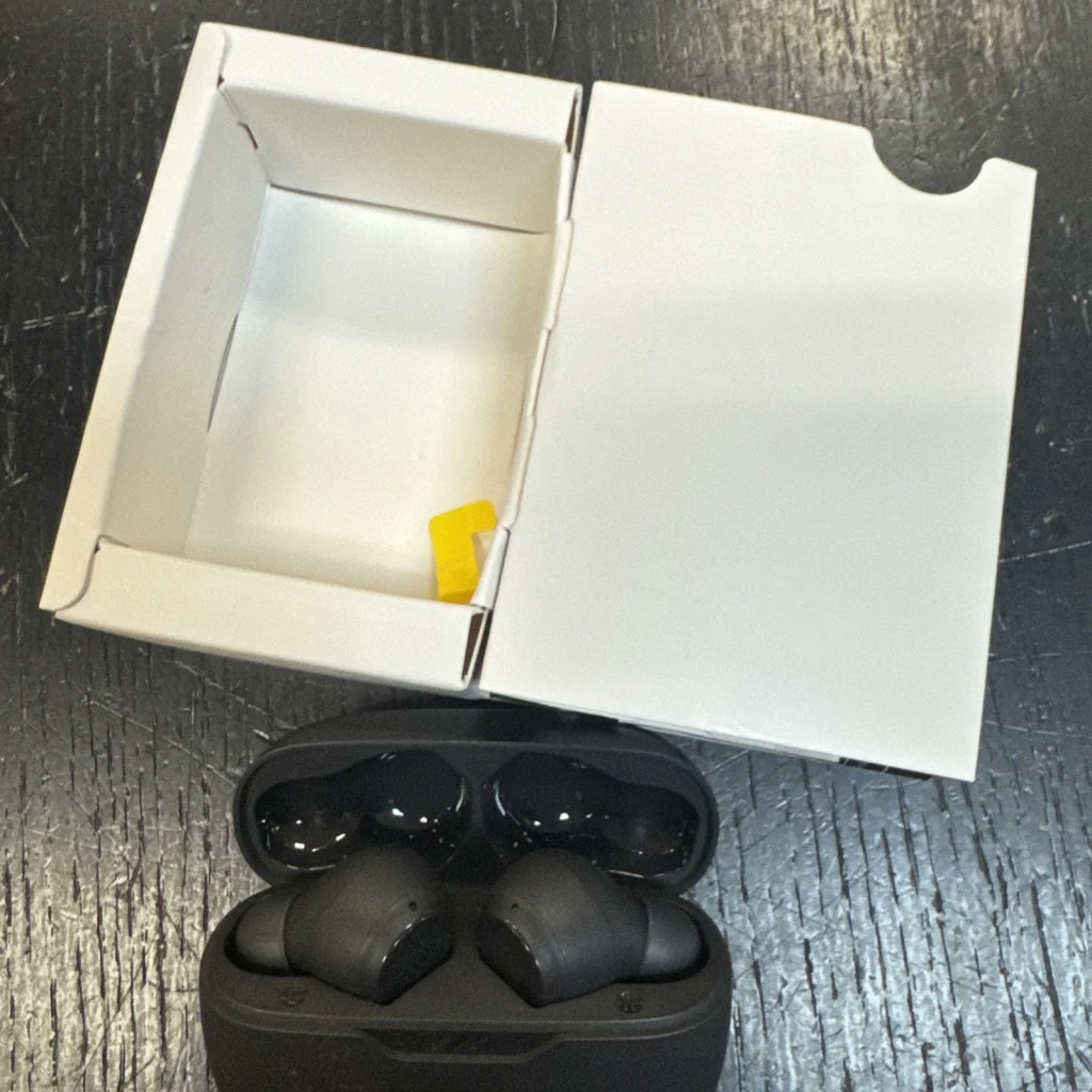 JBL Vibe Beam true wireless black earbuds in glossy charging case