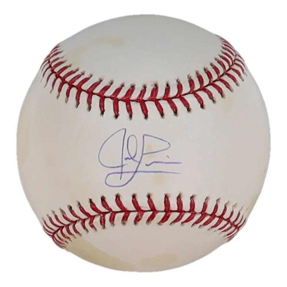 White baseball with red stitching and blue autograph for Jed Lowrie authenticity purposes Steiner hologram