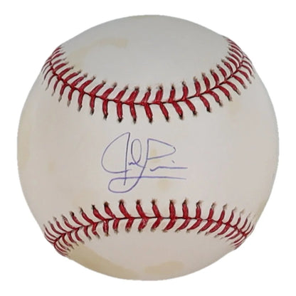 White baseball with red stitching and blue autograph for Jed Lowrie authenticity purposes Steiner hologram