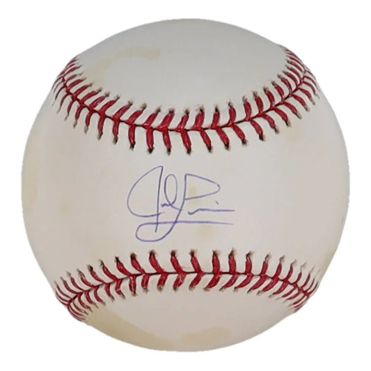 White baseball with red stitching and blue autograph for Jed Lowrie authenticity purposes Steiner hologram