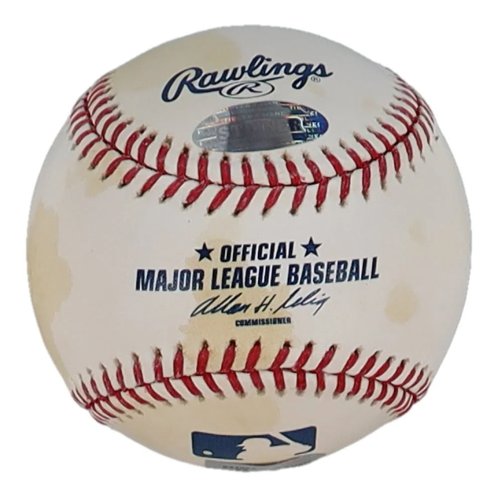 White baseball with red stitching and MLB markings, Jed Lowrie signed with Steiner hologram