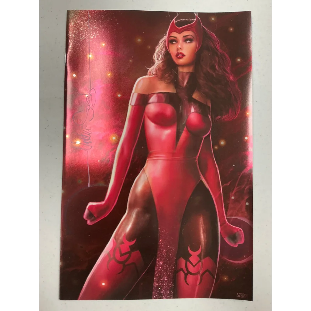 Comic book featuring Scarlet Witch in red outfit with pink magic from Jed MacKay Nathan Szerdy