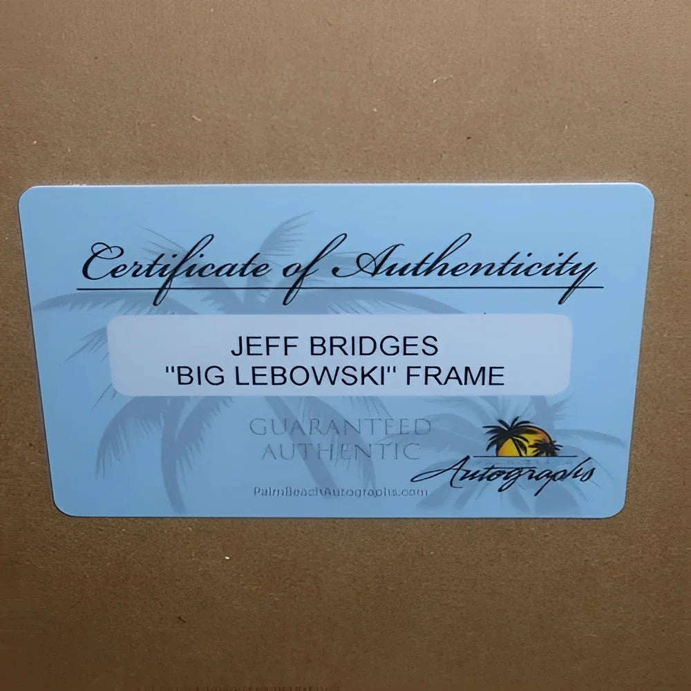 Light blue JSA authenticity label on Jeff Bridges autographed Big Lebowski signature series frame