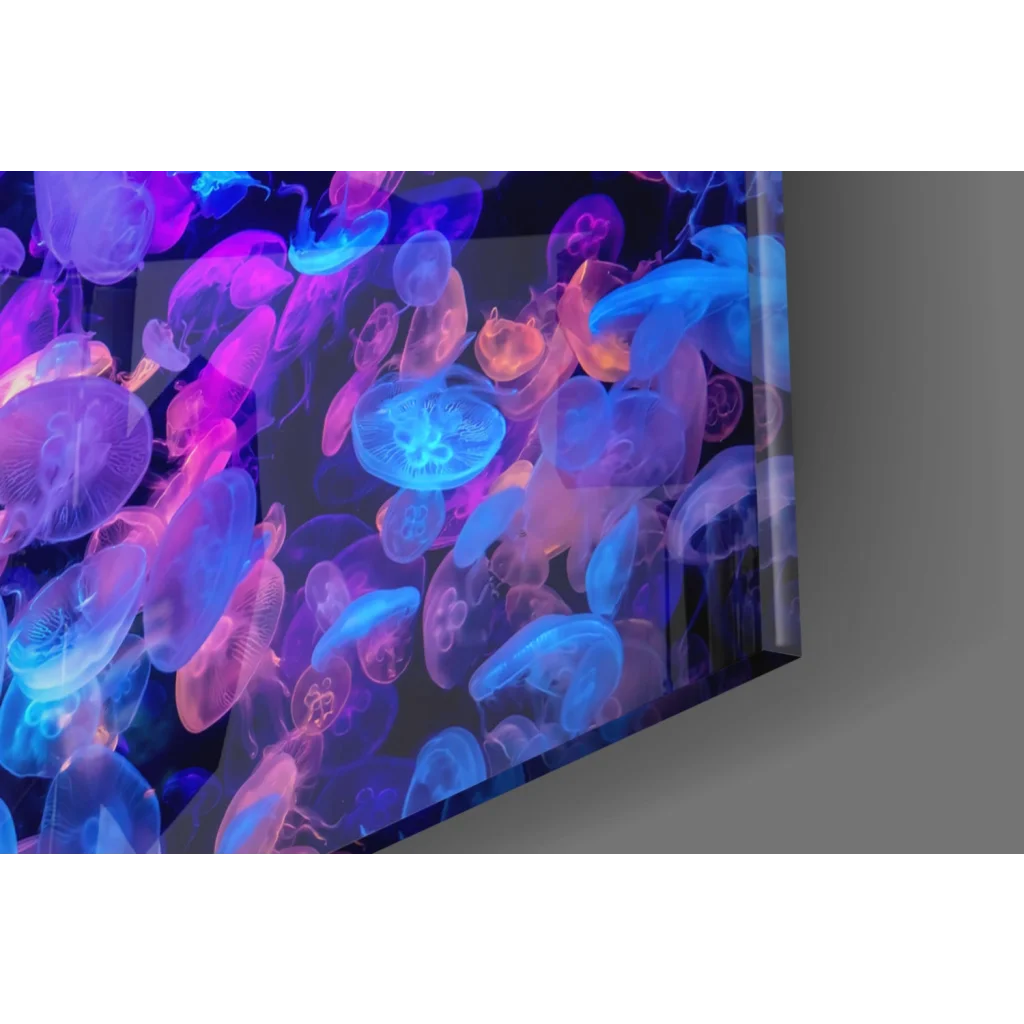 Vibrant bioluminescent jellyfish in glowing glass wall art aquarium display