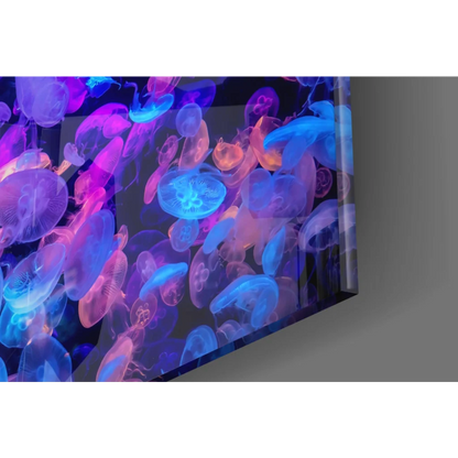 Vibrant bioluminescent jellyfish in glowing glass wall art aquarium display