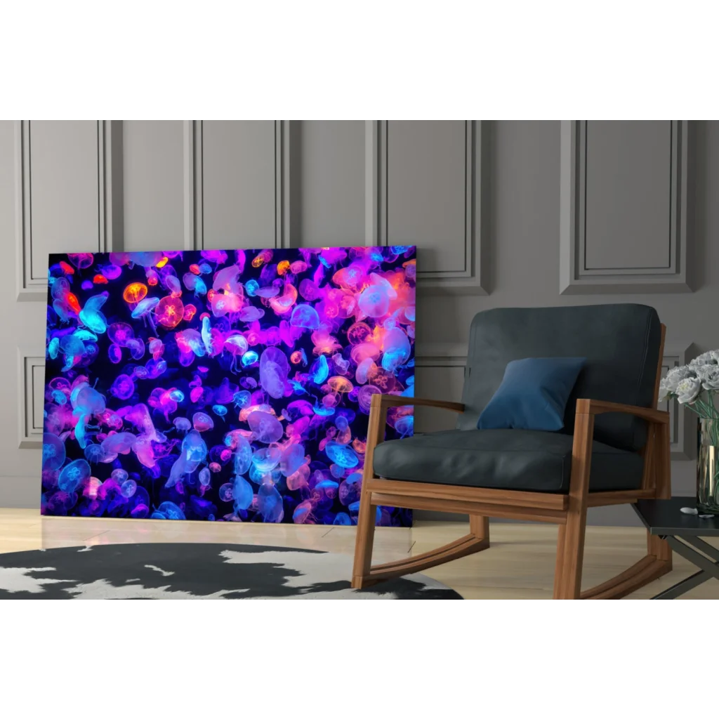 Vibrant neon jellyfish glowing in purple, blue, pink on glass wall art