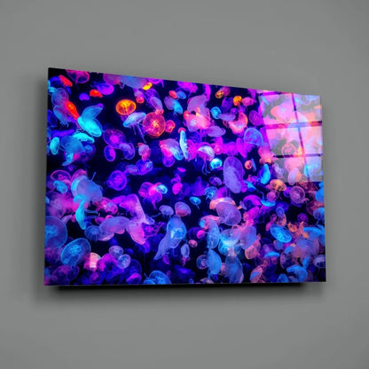 Glowing bioluminescent jellyfish glass wall art in neon hues