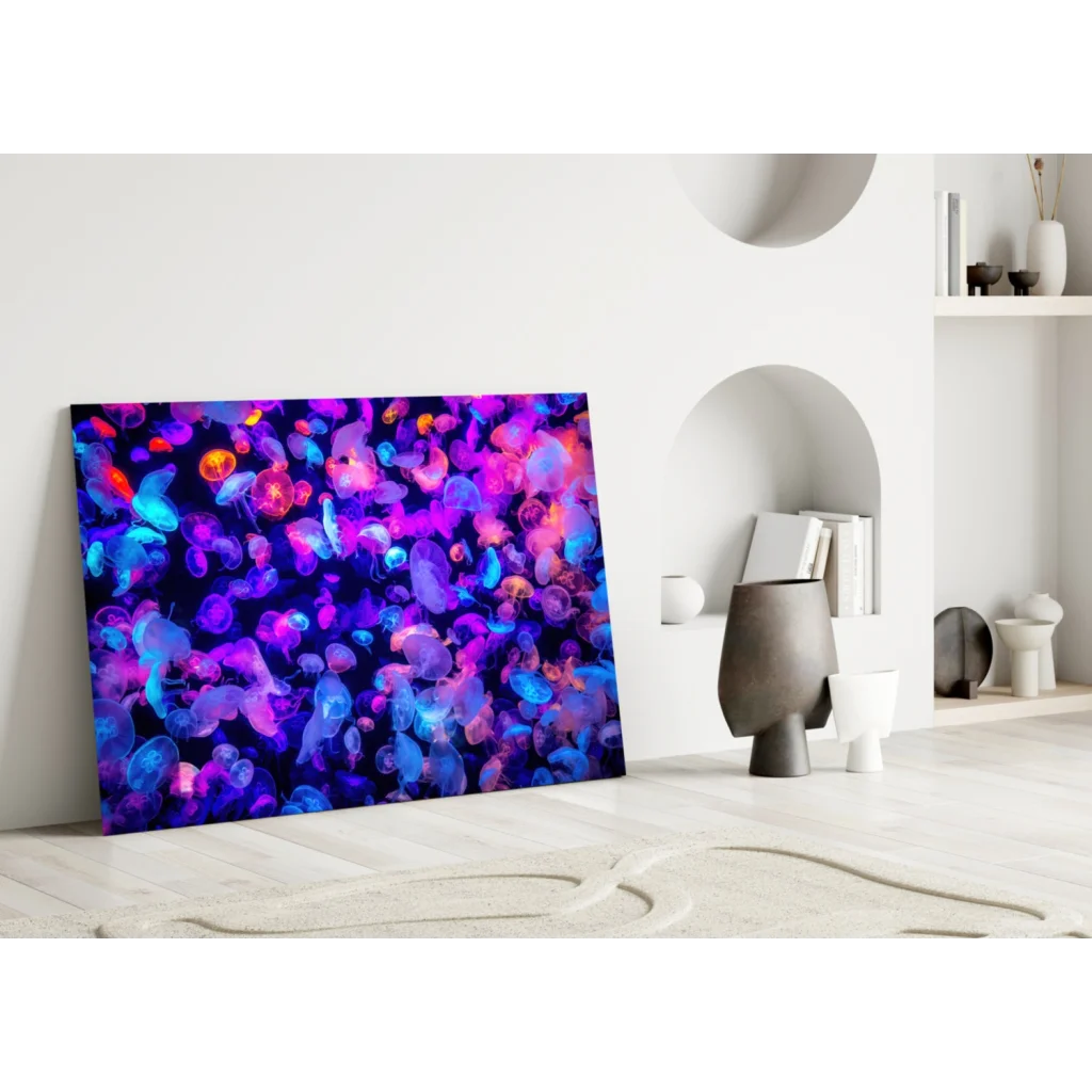 Glowing bioluminescent jellyfish glass wall art with vibrant purple blue pink swarm