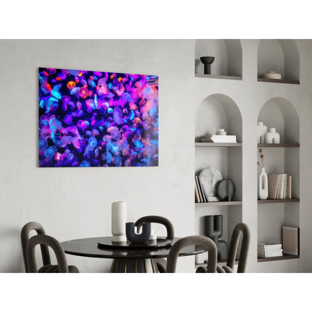 Vibrant purple and blue bioluminescent jellyfish glass wall art on white wall