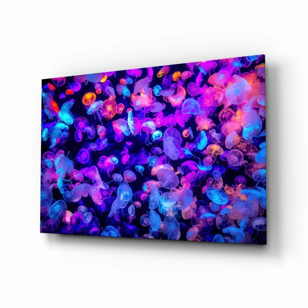 Glowing bioluminescent jellyfish glass wall art in vibrant neon hues