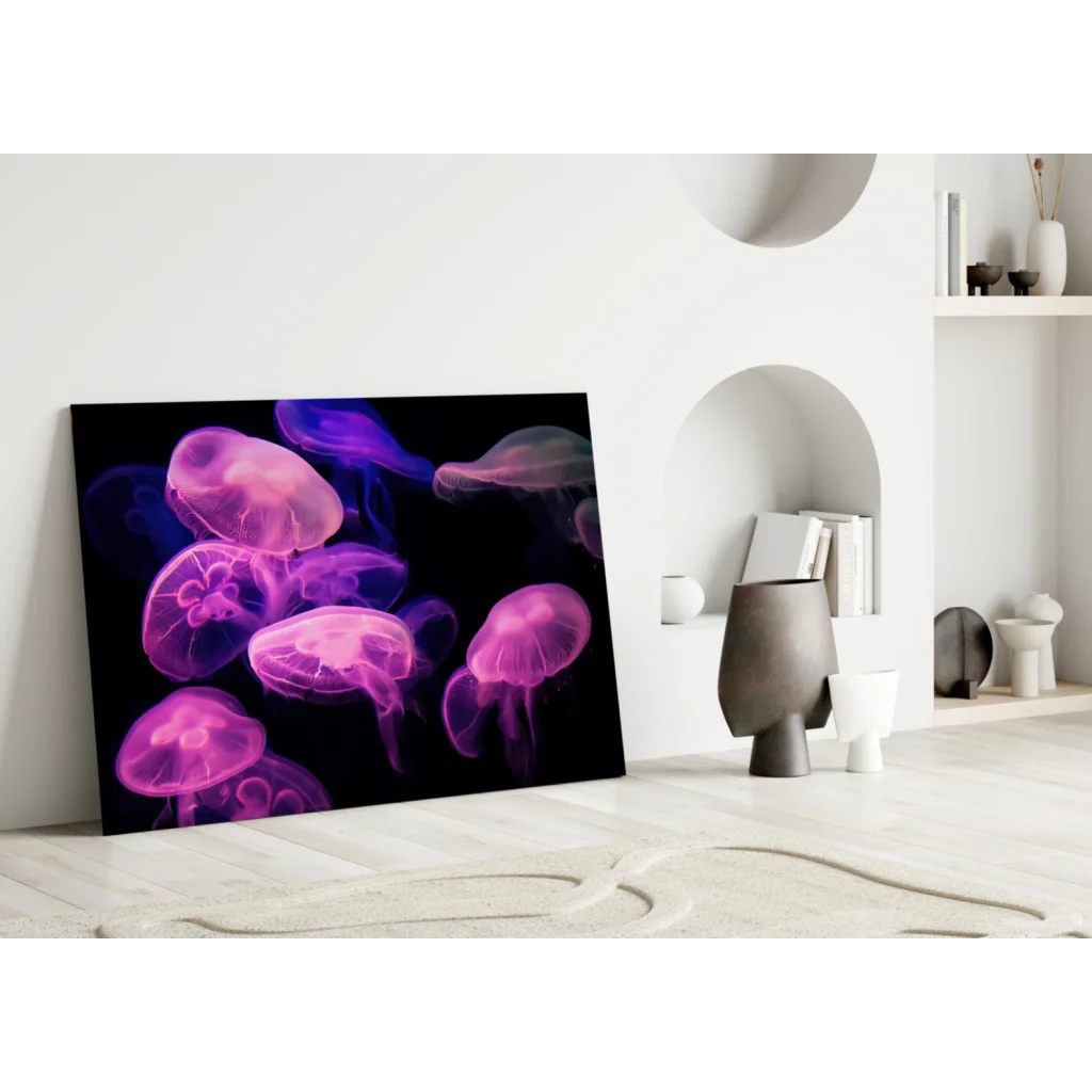 Glowing pink purple jellyfish glass wall art on black background