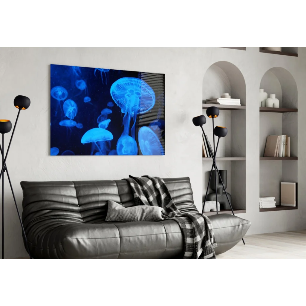 Glowing blue jellyfish wall art canvas print on glass wall