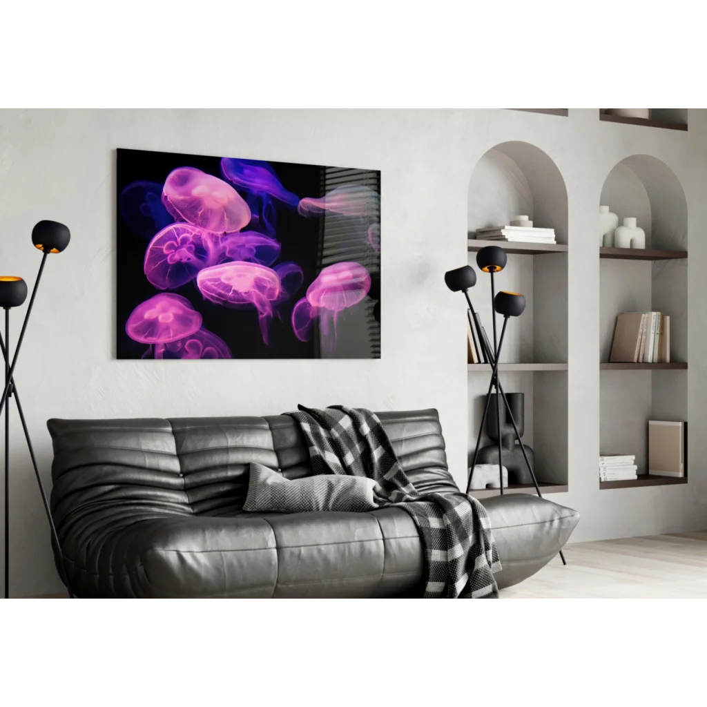 Vibrant purple pink glowing jellyfish glass wall art on black canvas