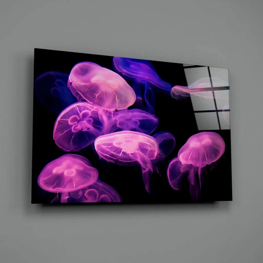 Glowing pink purple jellyfish glass wall art on vibrant canvas