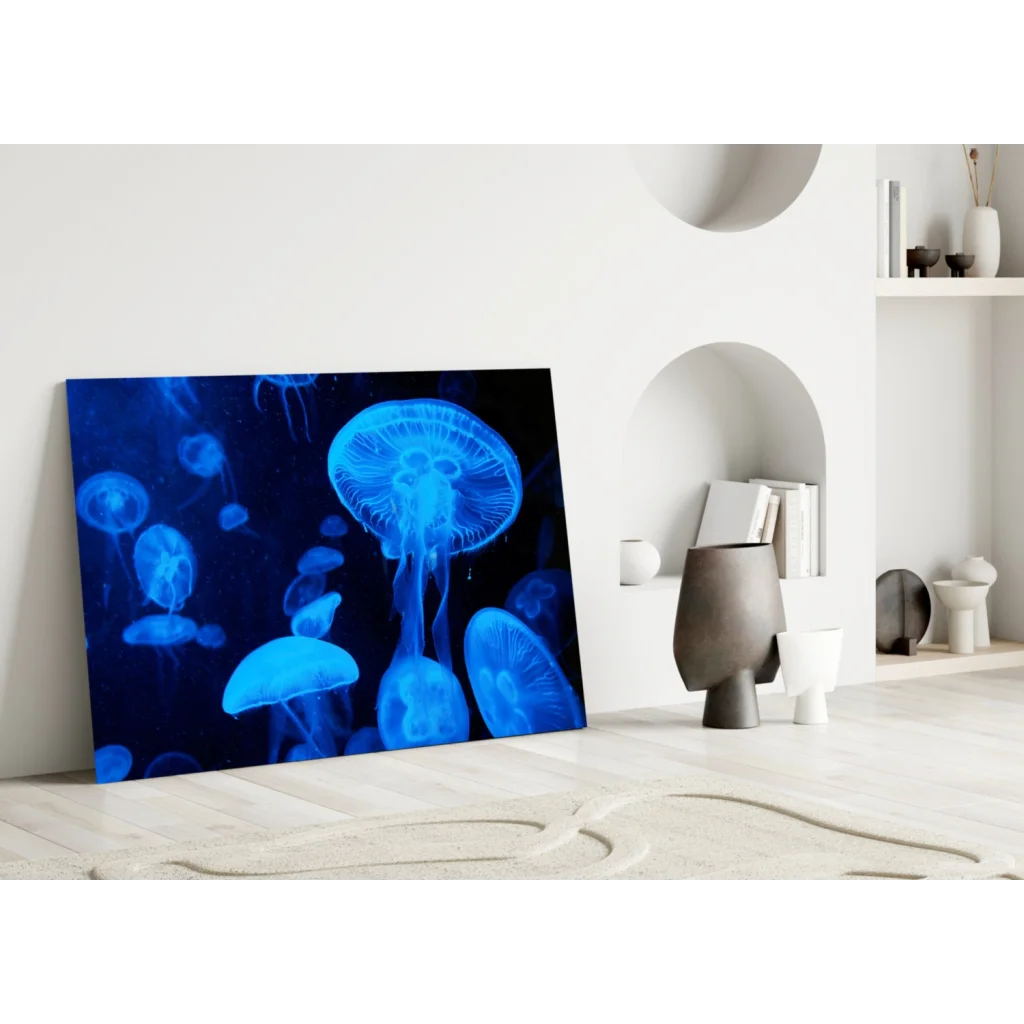 Glowing blue jellyfish wall art canvas print on dark background