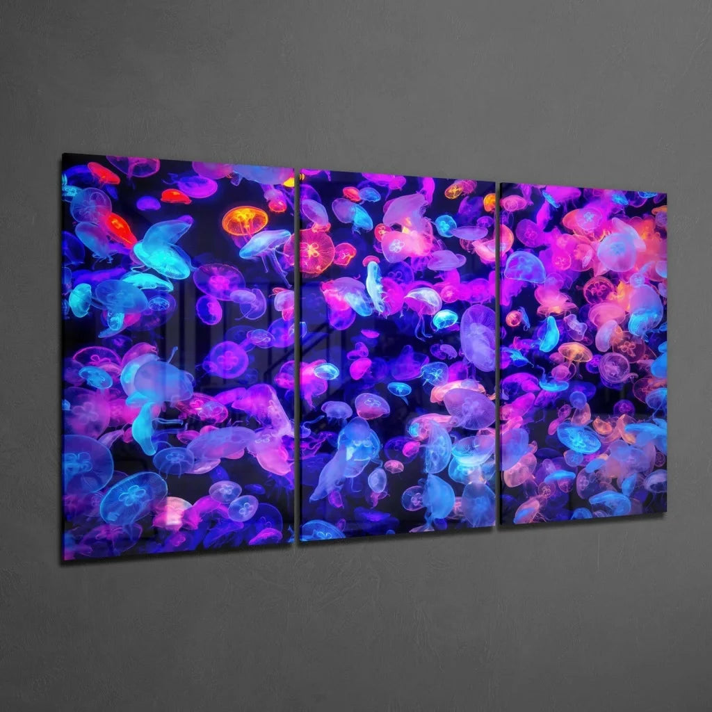 Vibrant glowing jellyfish triptych wall art in neon purple, blue, pink on dark background