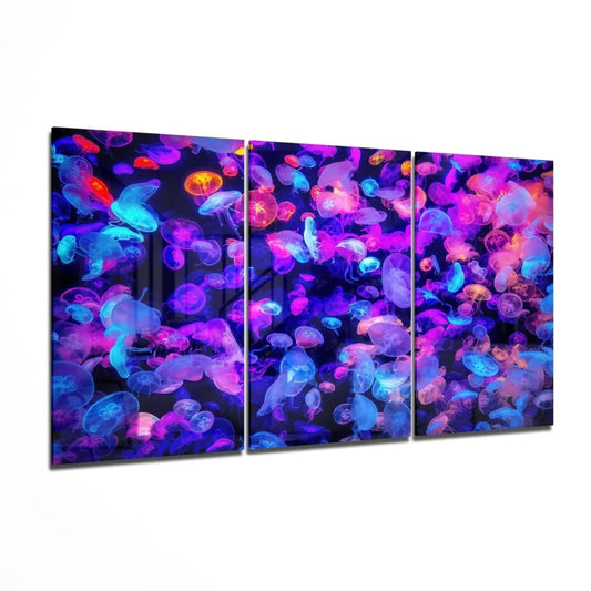 Glowing jellyfish triptych wall art in neon purple blue pink on dark background