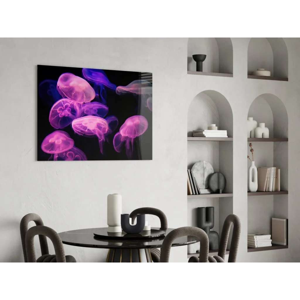 Vibrant pink and purple glowing jellyfish glass wall art on black canvas