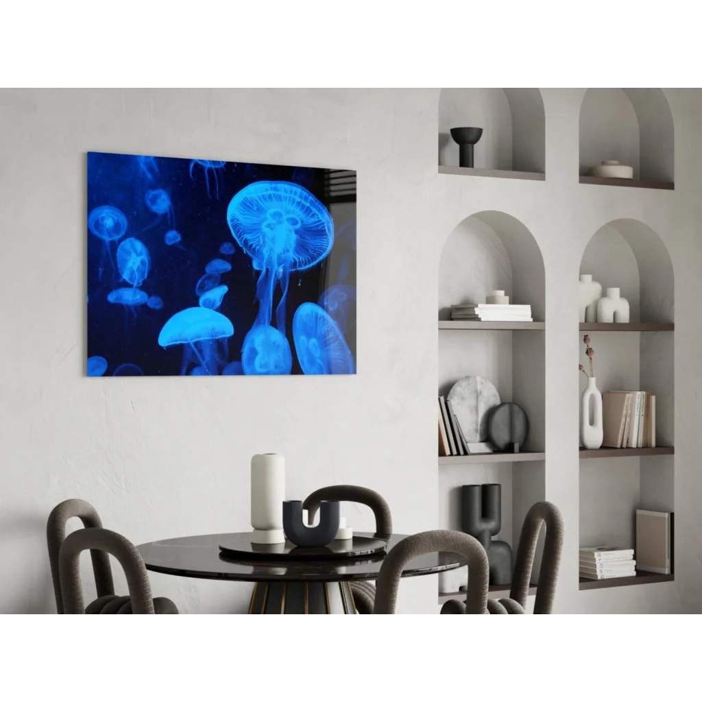 Glowing blue jellyfish glass wall art print hanging on wall
