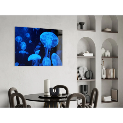 Glowing blue jellyfish glass wall art print hanging on wall